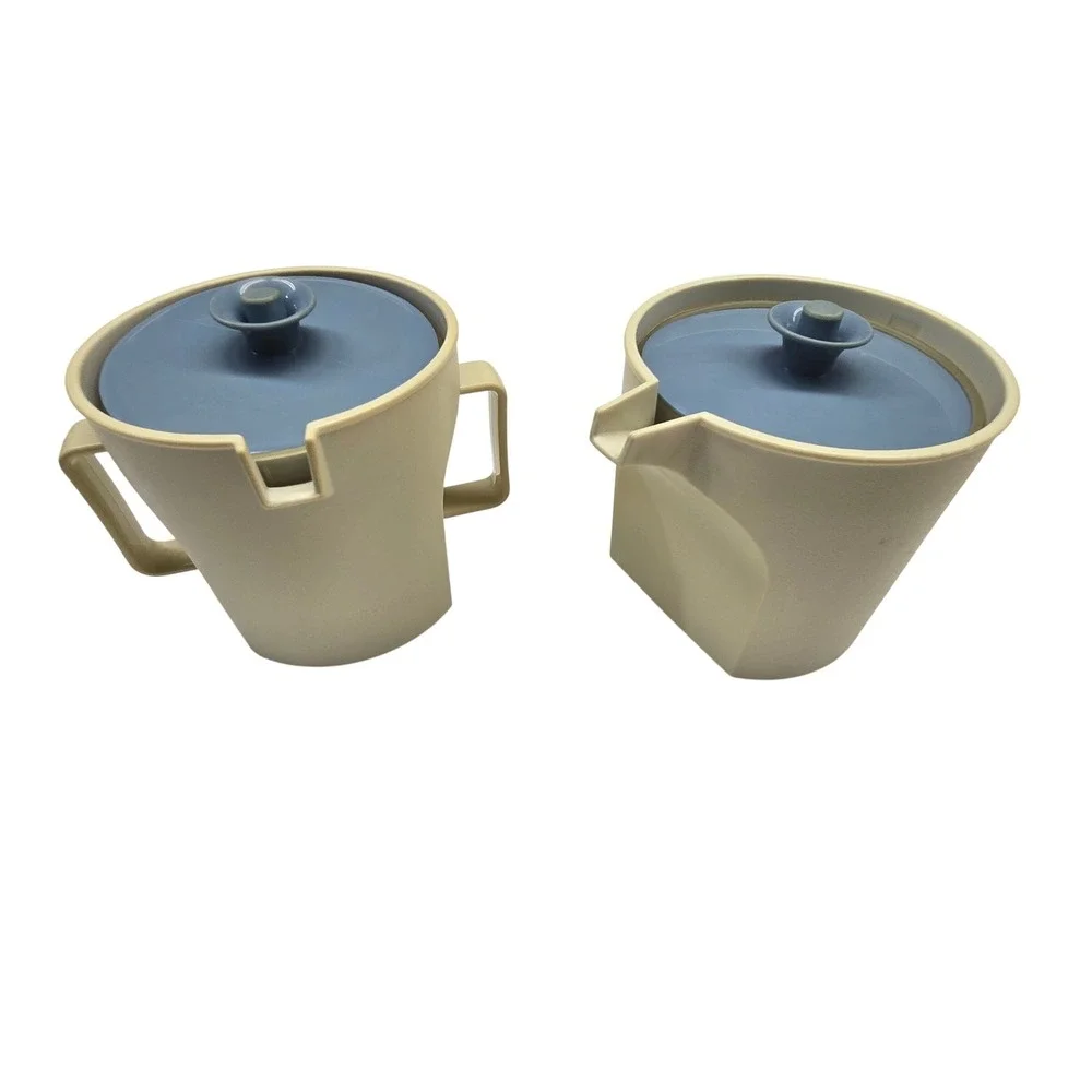 Vintage Tupperware Sugar Creamer Set Cream Blue MCM Kitchenware 1414 1415